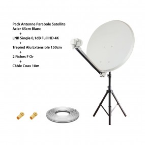 Pack Antenne Parabole Satellite Acier 65cm Blanc HD4K + LNB Single 0,1dB Full HD 4K + Trépied Alu Extensible 150cm
