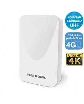 Antenne plate HD extérieure amplifiée - nouveau standard UHF - Réduit les perturbations 4G - 43dB - METRONIC