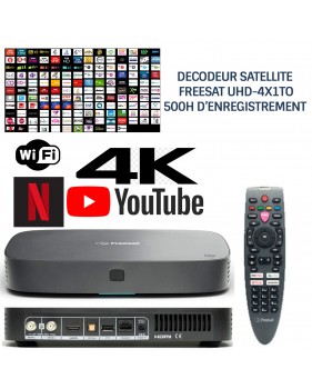 Décodeur satellite HD FREESAT UHD-4X1To 200 chaînes sat anglaises, chaînes anglaises HD,sans abonnement, 500h enregistrement