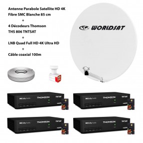 Kit Antenne Parabole Sat HD 4K Fibre SMC Blanche 85cm WORLDSAT 4 Décodeurs Thomson THS  TNTSAT LNB 4K Câble coaxial 100m