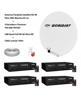 Kit Antenne Parabole Sat HD 4K Fibre SMC Blanche 85cm WORLDSAT