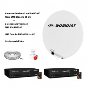 Kit Antenne Parabole Sat HD 4K Fibre SMC Blanche 85cm WORLDSAT