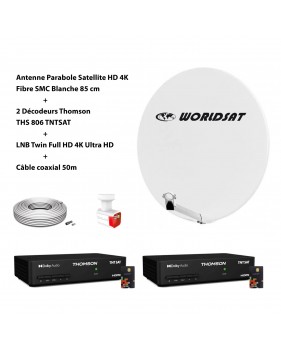 Kit Antenne Parabole Sat HD 4K Fibre SMC Blanche 85cm WORLDSAT 2 Décodeurs Thomson LNB Twin Full HD 4K Câble coaxial 50m