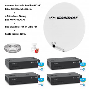 Kit Antenne Parabole Sat HD 4K Fibre SMC Blanche 85cm WORLDSAT