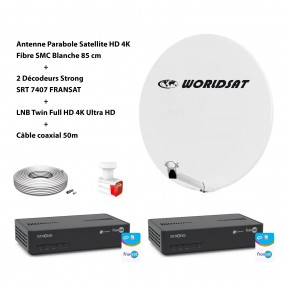 Kit Antenne Parabole Sat HD 4K Fibre SMC Blanche 85cm WORLDSAT