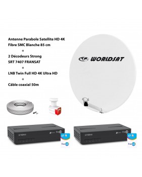 Kit Antenne Parabole Sat HD 4K Fibre SMC Blanche 85cm WORLDSAT 2 Décodeurs LNB Twin 4K Ultra Full HD Câble Coax 50m