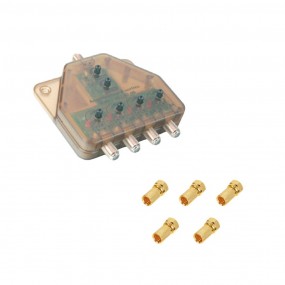 Amplificateur TNT UHF, Distributeur Télé alimenté 1 entrée 4 sorties + 5 Fiches F Or - Gain maxi 4 x 40 dB, Réglable