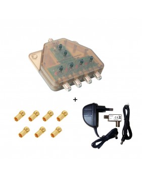 Amplificateur TNT UHF, Distributeur Télé alimenté 1 entrée 4 sorties + Alimentation 12 V 50 mA