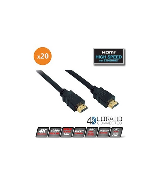 Lot de 20 Cordons HDMI mâle/mâle - Norme 2.0 HighSpeed - Plaqué or - Ultra HD 2K/4K - 1 m