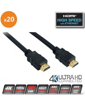 Lot de 20 Cordons HDMI mâle/mâle - Norme 2.0 HighSpeed - Plaqué or - Ultra HD 2K/4K - 1 m