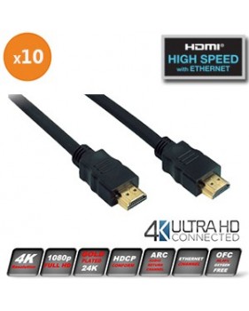 Lot de 10 Cordons HDMI mâle/mâle - Norme 2.0 HighSpeed - Plaqué or - Ultra HD 2K/4K - 1 m