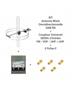 KIT Antenne mixte omnidirectionnelle DAB FM  +  Coupleur Universel SEDEA 2 Entrées FM – VHF – UHF + UHF  +  5 Fiches F