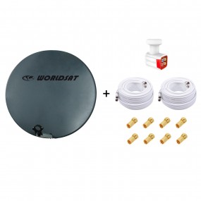 Antenne Parabole Fibre SMC 75cm Anthracite WORLDSAT  LNB Quad 0,1 dB HD 4K  2 Câbles Coax Twin 25m  8 Fiches F Visserie en Inox