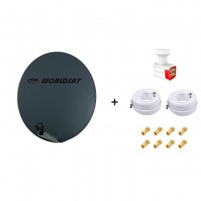 Antenne Parabole Fibre SMC 85 cm Anthracite WORLDSAT  LNB Quad 0,1dB HD 4K  2 Câbles Coax Twin 25m  8 Fiches F  Visserie en Inox