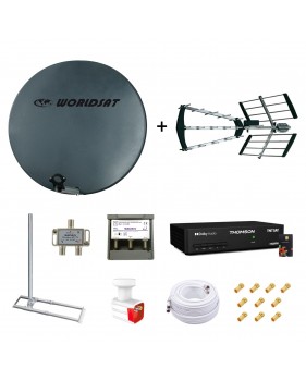 Kit Parabole Fibre 75cm Antenne TNT Support Toit LNB Twin Coupleur SAT TV Décodeur TNTSAT Câble Twin 25m 10 Fiches F