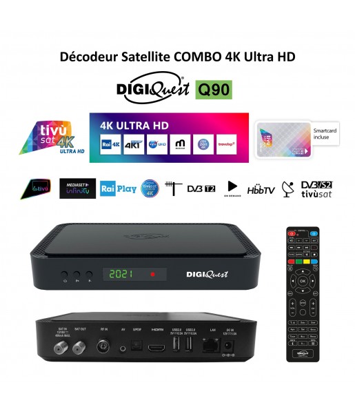 Pack Tivùsat Décodeur Satellite COMBO 4K Ultra HD DIGIQUEST 4K HBBTV Q90 Carte Activation Comprise 2 Lecteurs de carte