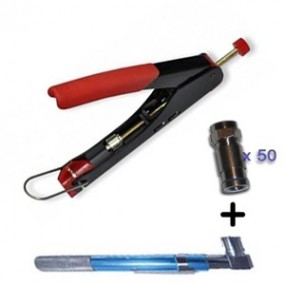 Pack testeur de câble coaxial  +  pince à compression pour fiche F RG-59  +  50 fiches F à compression 7mm