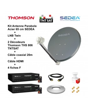 Kit Parabole Acier 65 cm Anthracite + LNB Twin Full HD 4K 2 Décodeurs THS 806 TNTSAT Câble coax 20m Câble HDMI 4 fiches F