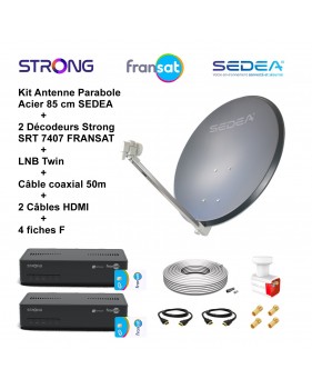 Kit Parabole Acier 85 cm Anthracite + LNB Twin HD 4K 2 Décodeurs SRT 7407 FRANSAT Câble coax 50m 2 Câbles HDMI 4 Fiches F
