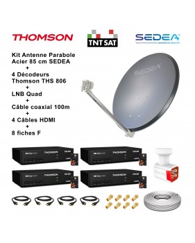 Kit Parabole Acier 85 cm Anthracite + LNB Quad HD 4K + 4 Décodeurs THS 806 TNTSAT + Câble coax 100m + 4 Câbles HDMI + 8 Fiches F