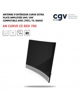 Antenne d'intérieur TNT UHF/ VHF, TV, Radio, Filtre 4G AN CURVE CE RED 700 extra plate amplifiée, CGV, Gain 20 dB, Numérique