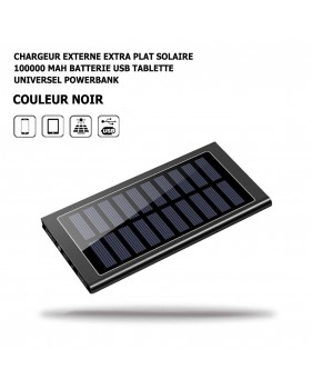 Chargeur Externe Extra Plat Solaire 100000 Mah Noir Batterie USB Tablette Powerbank, LED, Universel, Huawei, Samsung, Xiaomi