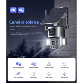 Caméra Surveillance Sécurité Solaire Sans fil Extérieure 4K 8MP 4G 360° Double Objectif Zoom Optique 10X Détection mouvement