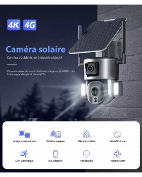 Caméra Surveillance Sécurité Solaire Sans fil Extérieure 4K 8MP 4G 360° Double Objectif Zoom Optique 10X Détection mouvement