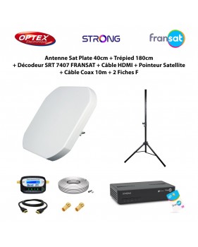 Antenne Sat Plate 40cm  Trépied 180cm  Décodeur SRT 7407 FRANSAT + Câble HDMI + Pointeur Satellite + Câble Coax 10m + 2 Fiches F