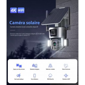 Caméra Surveillance Sécurité Solaire Sans fil Extérieure 4K 8MP WIFI 360° Double Objectif Zoom Optique 10X Détection mouvement