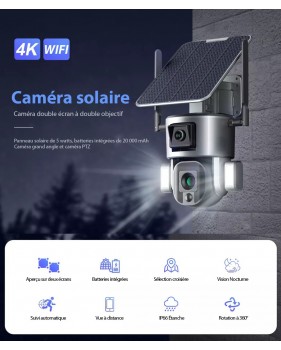 Caméra Surveillance Sécurité Solaire Sans fil Extérieure 4K 8MP WIFI 360° Double Objectif Zoom Optique 10X Détection mouvement