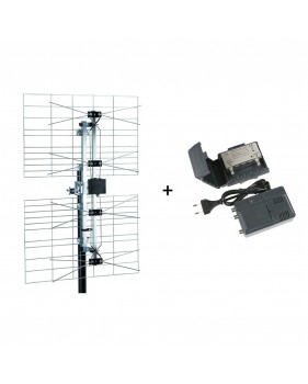 Kit Antenne Panneau UHF Extérieure TNT HD + Préampli Etanche UHF Réglable 1 entrée 1 sortie + Alimentation 220V - Gain 15dB+38dB
