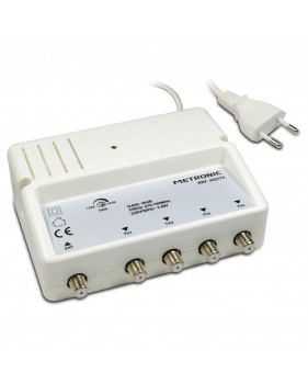 Amplificateur Répartiteur Blindé Réglage de Gain 4 Sorties Fiche F Metronic 432175 Blanc