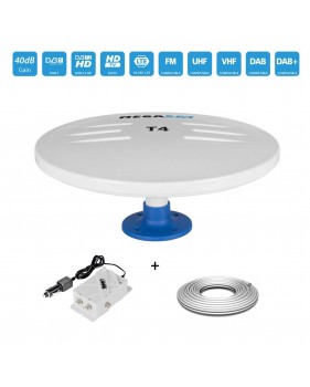 Antenne Omni VHF UHF FM Extérieur T4 HD 40dB 5/12V Blanc + Amplificateur TV 12/24V