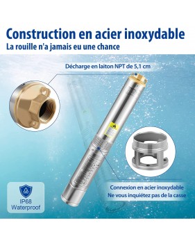 Pompe Submersible Pour Puits Profond 1/2 CV - Acier Inoxydable, 110V/370W, Pour Ferme Ou Ranch