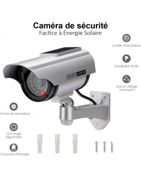 Caméra de Surveillance Factice Extérieur Energie Solaire Sans Fil - Circuit fermé de sécurité Lumière Clignotante LED Argent