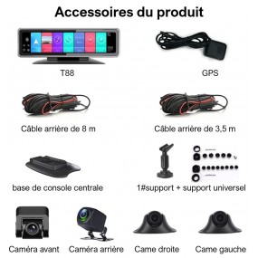 Dash Cam Android DVR 4G 360° Ecran Panoramique 12 Pouces Avec 4 caméras d'enregistrement WiFi GPS Bluetooth Voiture Rétroviseur