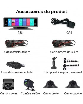 Dash Cam Android DVR 4G 360° Ecran Panoramique 12 Pouces Avec 4 caméras d'enregistrement WiFi GPS Bluetooth Voiture Rétroviseur