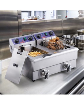 Friteuse Électrique Commerciale Friteuse à Huile 2 Cuves Acier Inox 12L 6000 W - Pour Restaurants Supermarchés Fast-foods Snack-