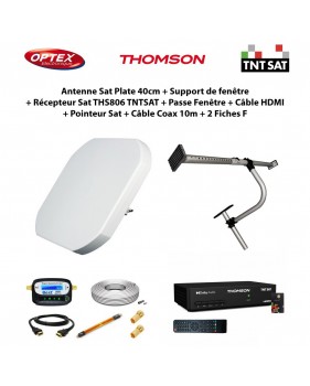 Antenne Sat Plate 40cm + Support de fenêtre + Récepteur Sat THS806 TNTSAT + Passe Fenêtre + Câble HDMI + Pointeur + Câble Coax 1