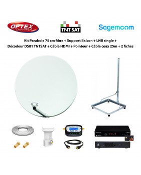 Kit Parabole 75 cm fibre + Support Balcon + LNB single + Décodeur DS81 TNTSAT + Câble HDMI + Pointeur + Câble coax 25m + 2 fiche