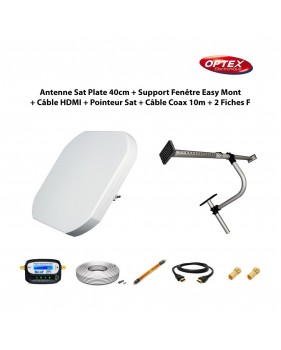 Antenne Sat Plate 40cm + Support Fenêtre Easy Mont + Câble Passe Fenêtre + Câble HDMI + Pointeur Sat + Câble Coax 10m + 2 Fiches