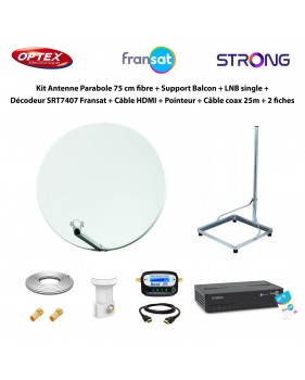 Kit Parabole 75cm fibre + Support Balcon + LNB Single + Décodeur SRT7407 Fransat + Câble HDMI + Pointeur + Câble Coax 25m + 2 fi