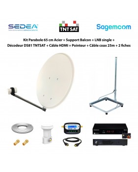 Kit Parabole 65 cm Acier + Support Balcon + LNB single + Décodeur DS81 TNTSAT + Câble HDMI + Pointeur + Câble coax 25m + 2 fiche