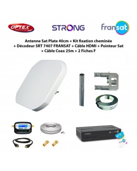 Antenne Sat Plate 40cm + Kit fixation cheminée + Décodeur SRT 7407 FRANSAT + Câble HDMI + Pointeur Sat + Câble Coax 25m + 2 Fich