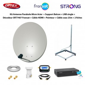 Kit Parabole 80cm Acier + Support Balcon + LNB Single + Décodeur SRT7407 Fransat + Câble HDMI + Pointeur + Câble Coax 25m + 2 fi