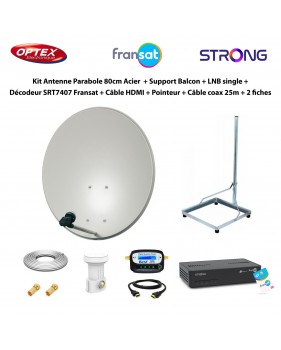 Kit Parabole 80cm Acier + Support Balcon + LNB Single + Décodeur SRT7407 Fransat + Câble HDMI + Pointeur + Câble Coax 25m + 2 fi
