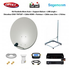 Kit Parabole 80cm Acier + Support Balcon + LNB single + Décodeur DS81 TNTSAT + Câble HDMI + Pointeur + Câble coax 25m + 2 fiches