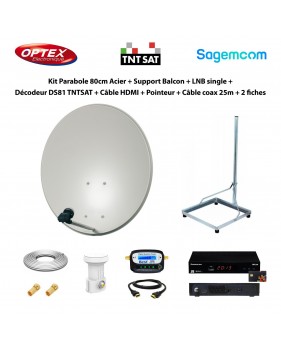Kit Parabole 80cm Acier + Support Balcon + LNB single + Décodeur DS81 TNTSAT + Câble HDMI + Pointeur + Câble coax 25m + 2 fiches