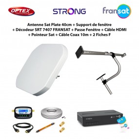 Antenne Sat Plate 40cm + Support de fenêtre + Décodeur SRT 7407 FRANSAT + Passe Fenêtre + Câble HDMI + Pointeur Sat + Câble Coax